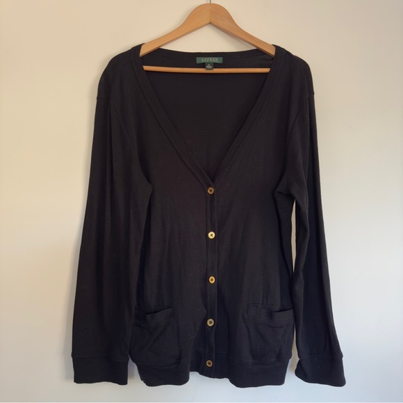 Lauren Ralph Lauren black button front V-neck cotton Cardigan Size: XL - Picture 1 of 3